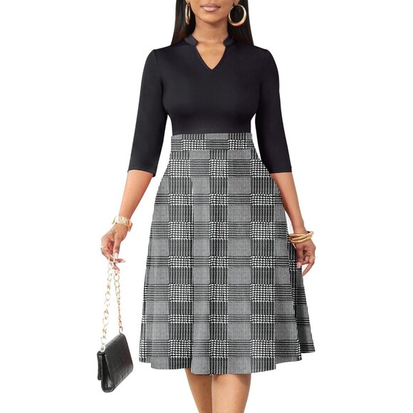 Women plaid 3/4 Sleeve Semi Formal Fit and Flare A-line Dress With Pockets